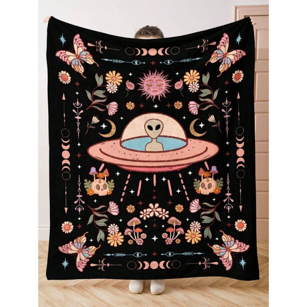 1pc Vintage Occult Alien UFO Butterfly Flower Plant Skull Sun And Moon Blanket